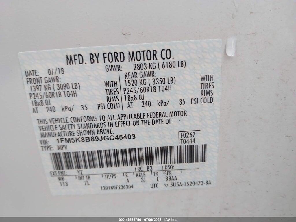 1FM5K8B89JGC45403 2018 FORD EXPLORER photo no. 9