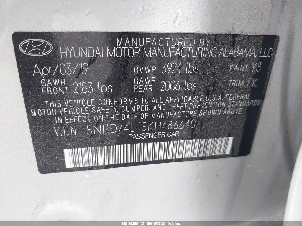 5NPD74LF5KH486640 2019 HYUNDAI ELANTRA photo no. 9