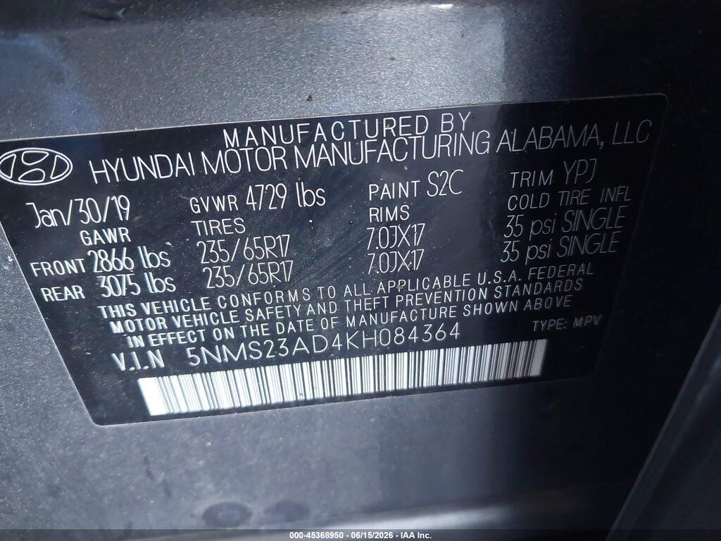 5NMS23AD4KH084364 2019 HYUNDAI SANTA FE photo no. 9