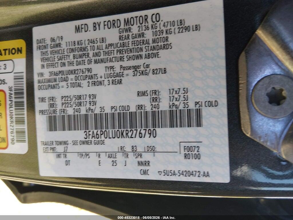 3FA6P0LU0KR276790 2019 FORD FUSION HYBRID photo no. 9