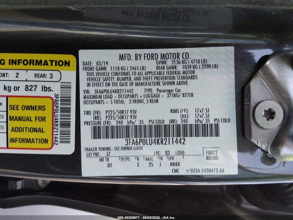 3FA6P0LU4KR211442 2019 FORD FUSION HYBRID photo no. 9