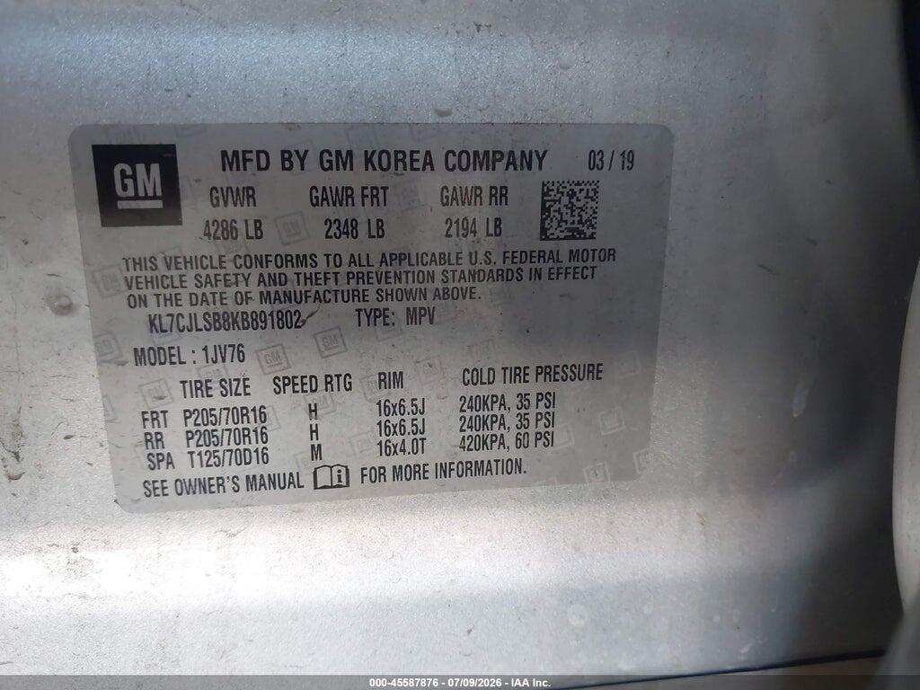 KL7CJLSB8KB891802 2019 CHEVROLET TRAX photo no. 9