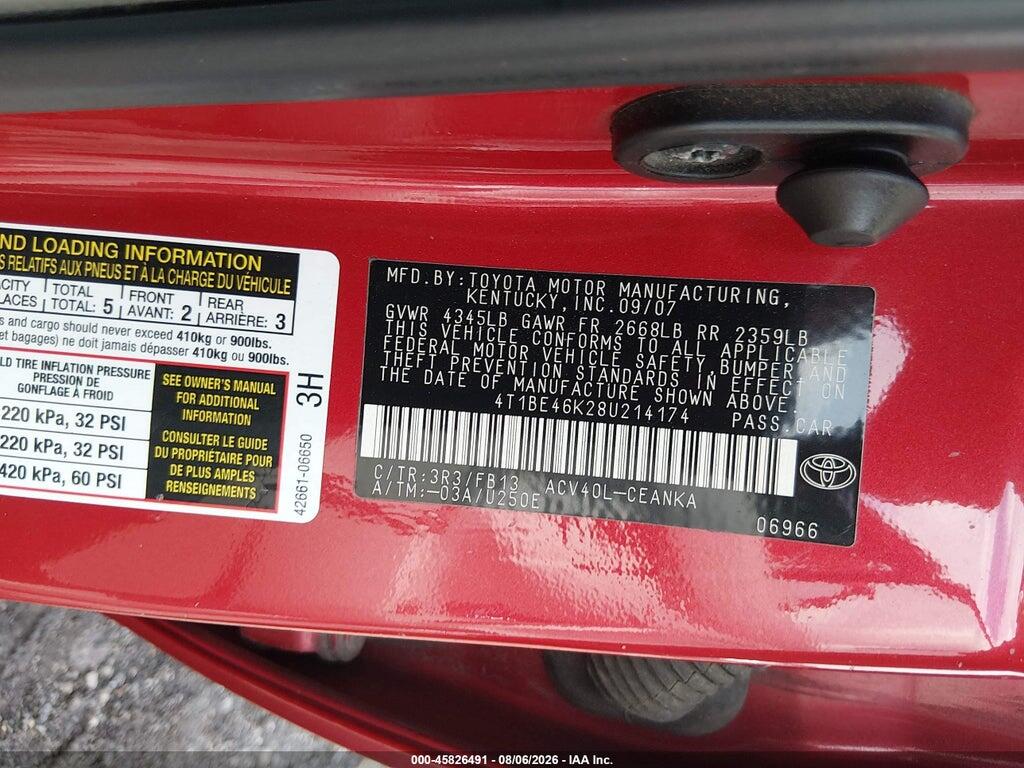 4T1BE46K28U214174 2008 TOYOTA CAMRY photo no. 9