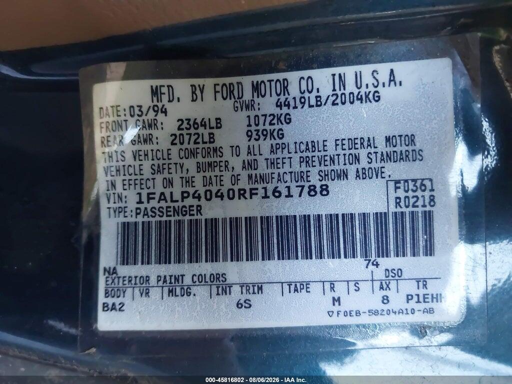 1FALP4040RF161788 1994 FORD MUSTANG photo no. 9