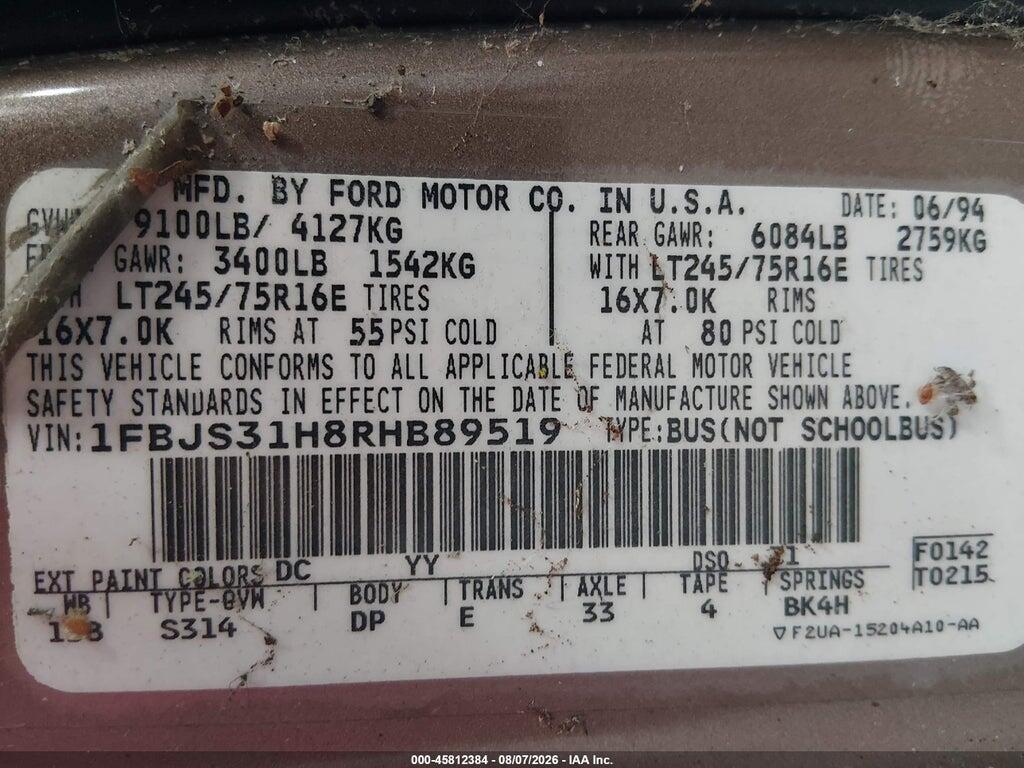 1FBJS31H8RHB89519 1994 FORD ECONOLINE photo no. 9