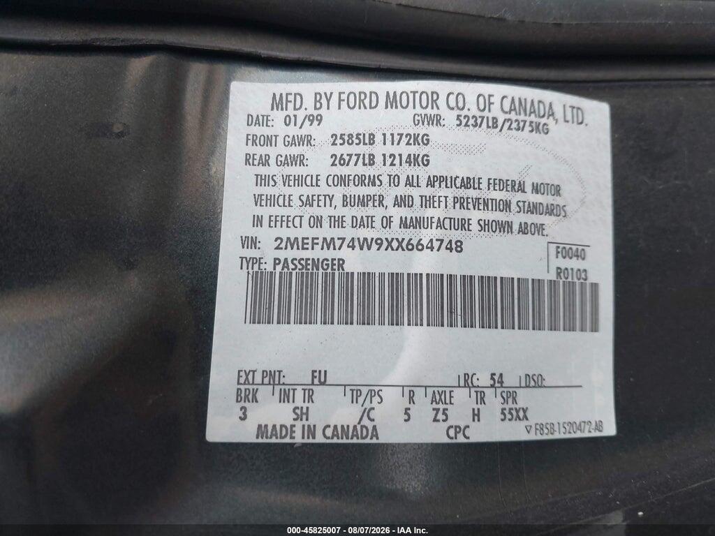 2MEFM74W9XX664748 1999 MERCURY GRAND MARQUIS photo no. 9