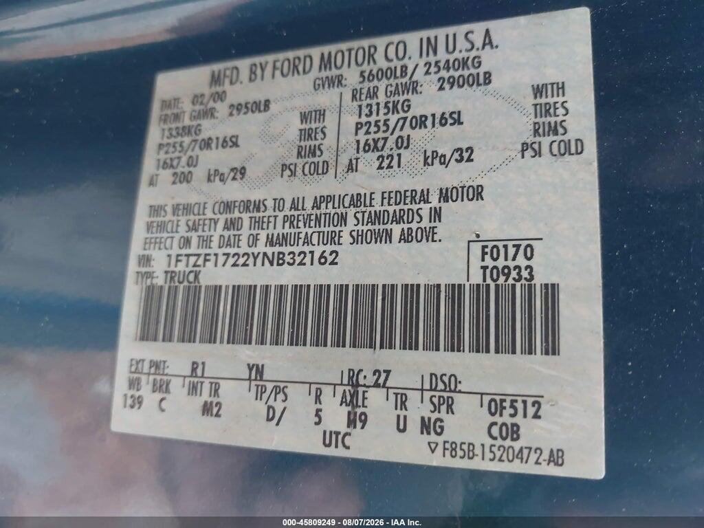 1FTZF1722YNB32162 2000 FORD F-150 photo no. 9