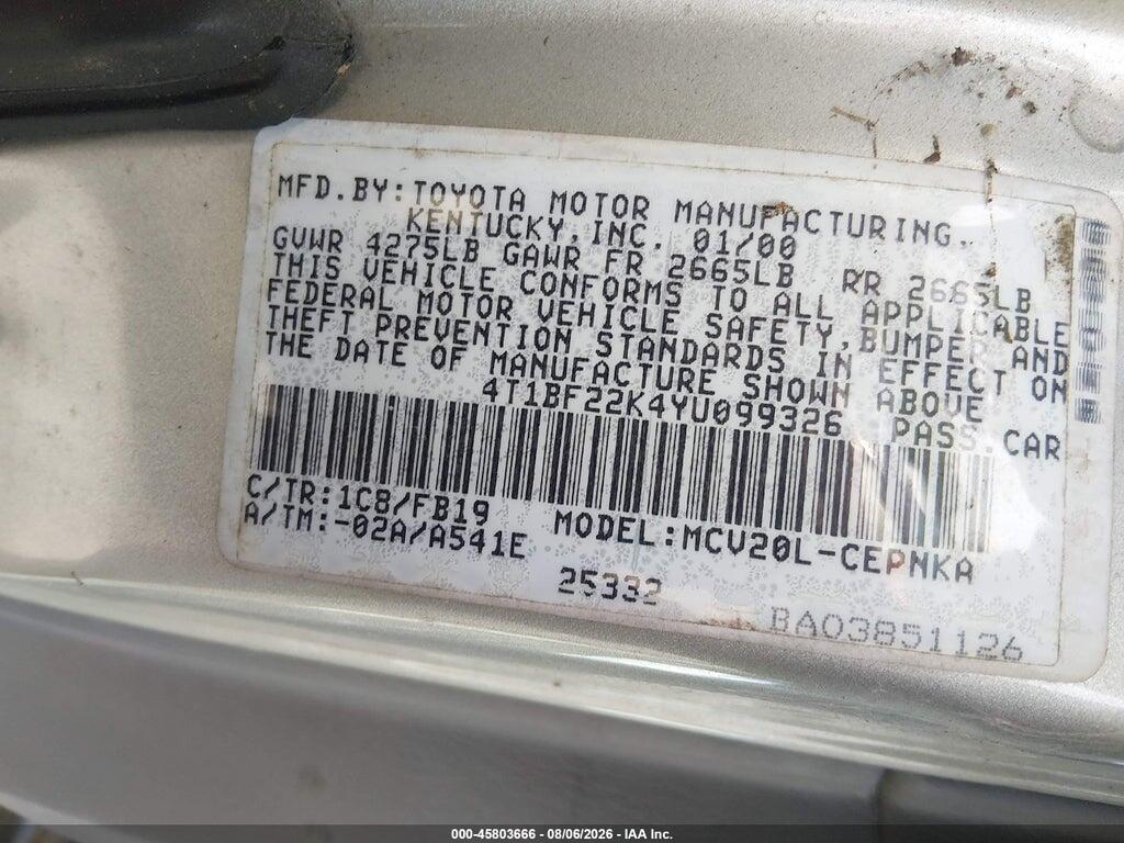 4T1BF22K4YU099326 2000 TOYOTA CAMRY photo no. 9