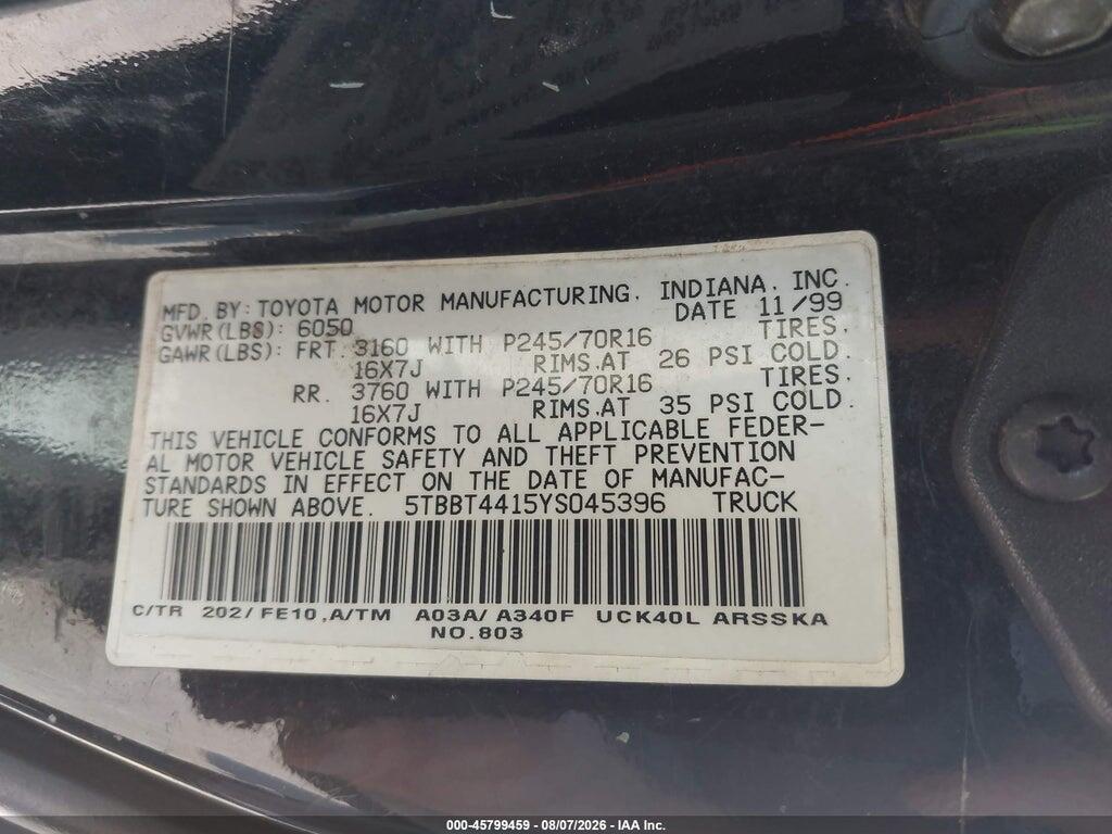 5TBBT4415YS045396 2000 TOYOTA TUNDRA photo no. 9