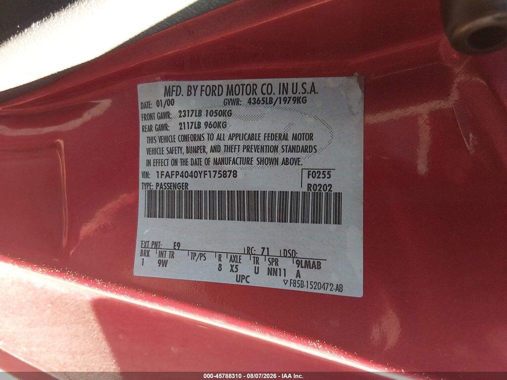 1FAFP4040YF175878 2000 FORD MUSTANG photo no. 9