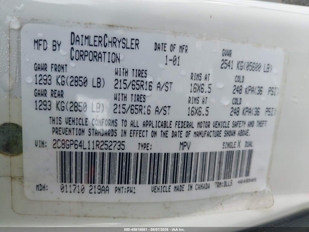 2C8GP64L11R252735 2001 CHRYSLER TOWN & COUNTRY photo no. 9