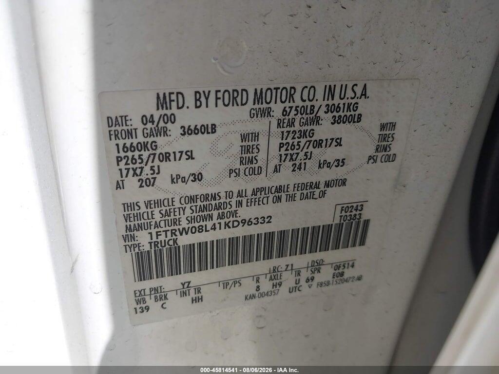 1FTRW08L41KD96332 2001 FORD F-150 photo no. 9