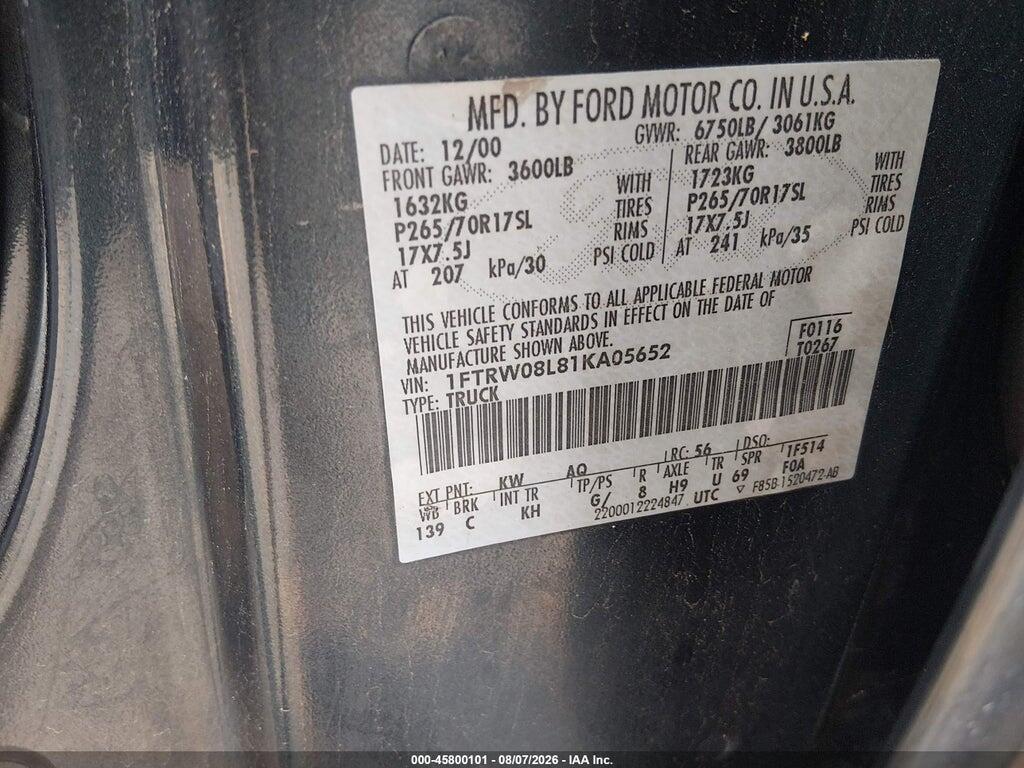 1FTRW08L81KA05652 2001 FORD F-150 photo no. 9