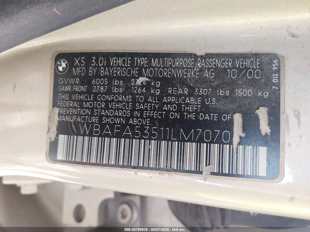 WBAFA53511LM70708 2001 BMW X5 photo no. 9