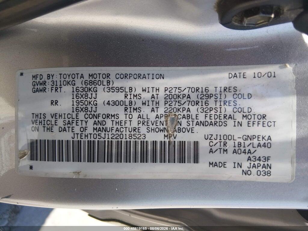 JTEHT05J122018523 2002 TOYOTA LAND CRUISER photo no. 9