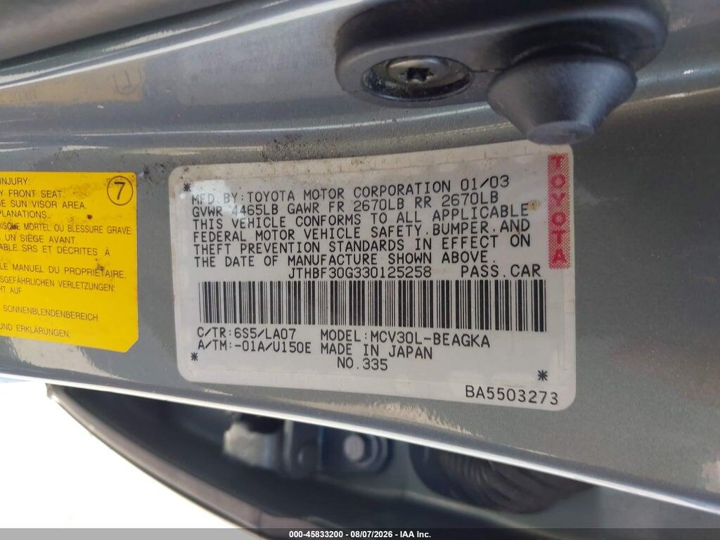 JTHBF30G330125258 2003 LEXUS ES 300 photo no. 9
