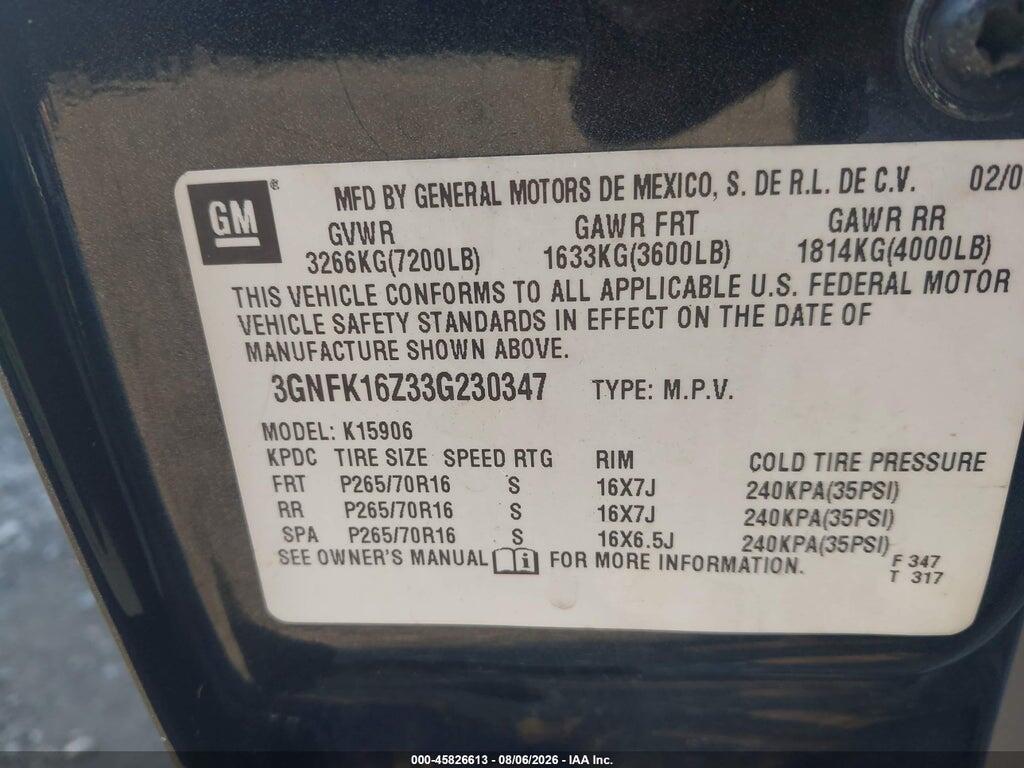3GNFK16Z33G230347 2003 CHEVROLET SUBURBAN 1500 photo no. 9