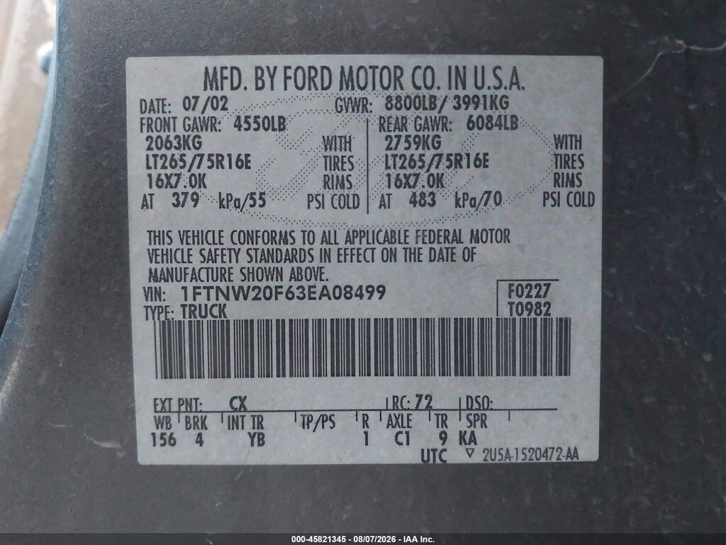 1FTNW20F63EA08499 2003 FORD F-250 photo no. 9