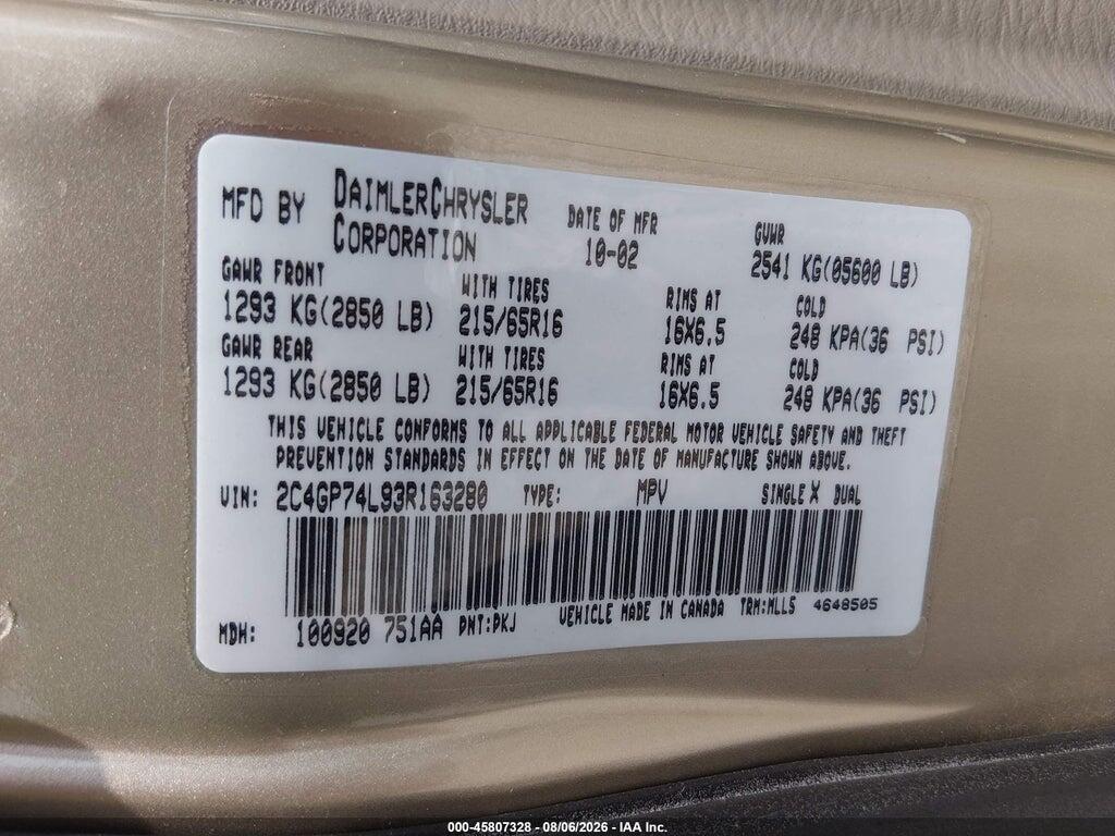 2C4GP74L93R163280 2003 CHRYSLER TOWN & COUNTRY photo no. 9