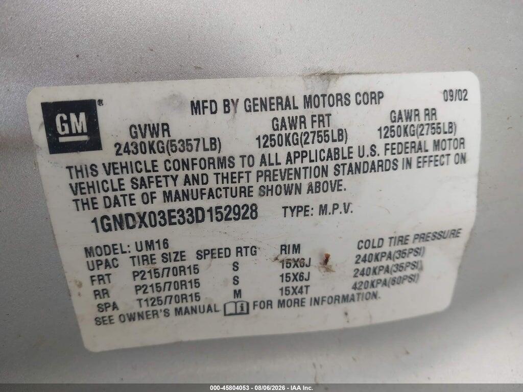 1GNDX03E33D152928 2003 CHEVROLET VENTURE photo no. 9