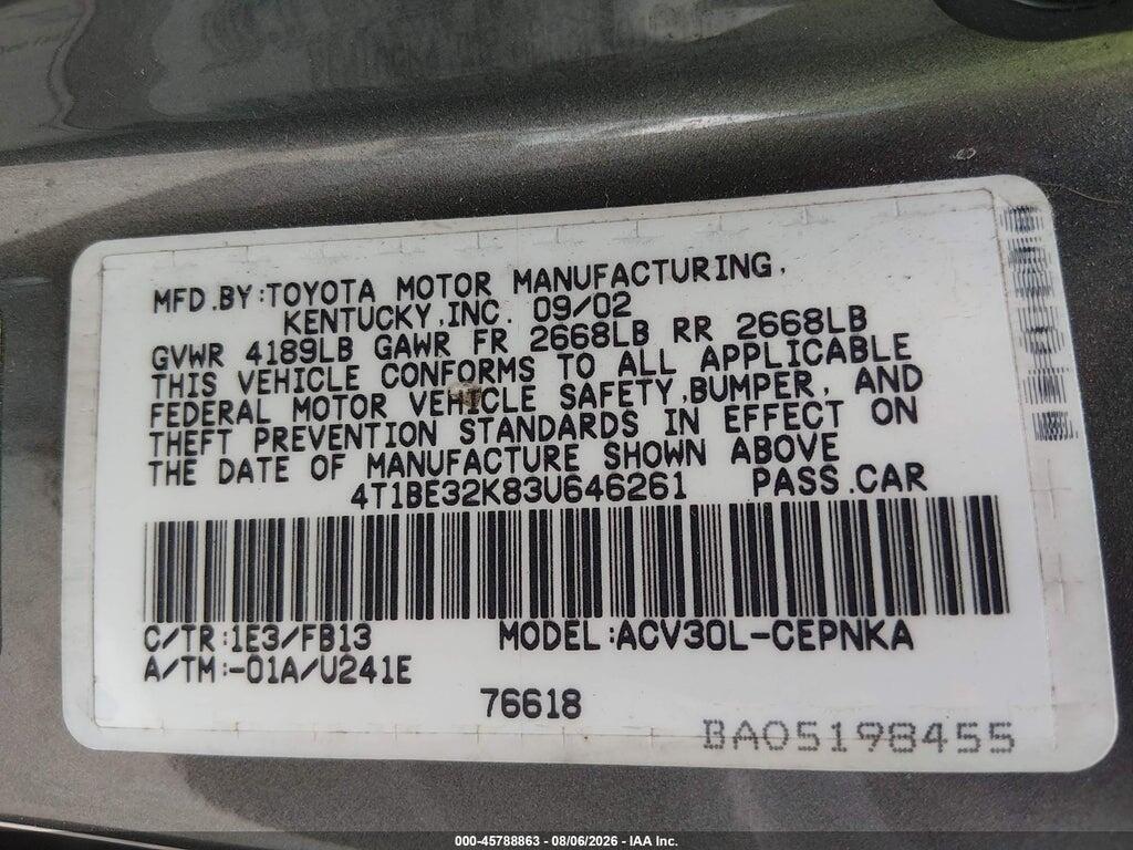 4T1BE32K83U646261 2003 TOYOTA CAMRY photo no. 9