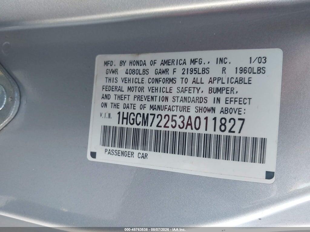 1HGCM72253A011827 2003 HONDA ACCORD photo no. 9