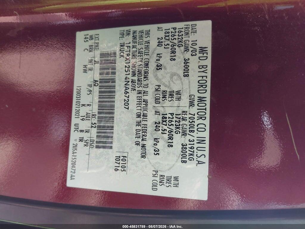 1FTPX12514NA67207 2004 FORD F-150 photo no. 9
