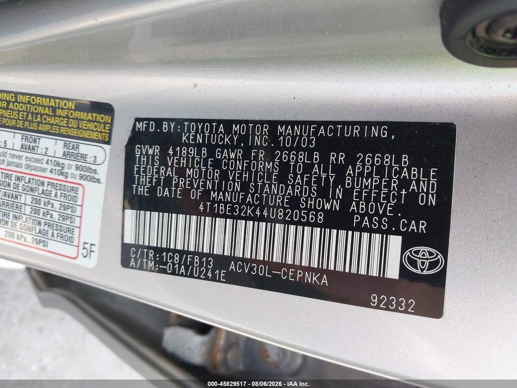 4T1BE32K44U820568 2004 TOYOTA CAMRY photo no. 9