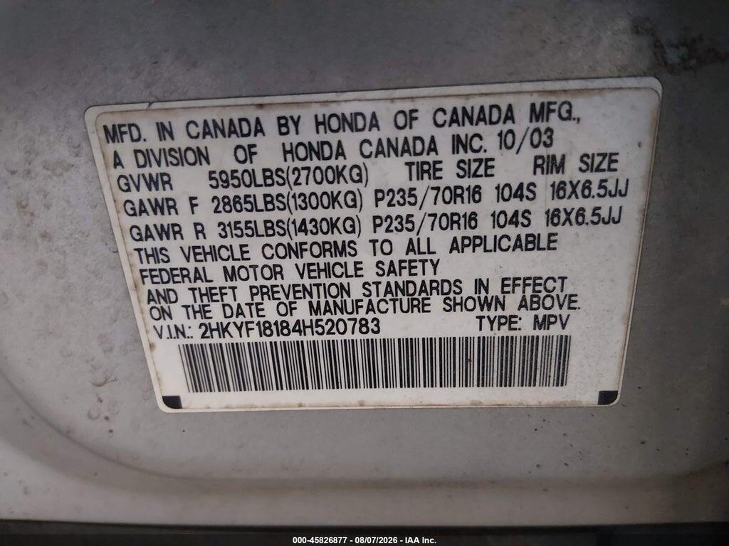 2HKYF18184H520783 2004 HONDA PILOT photo no. 9