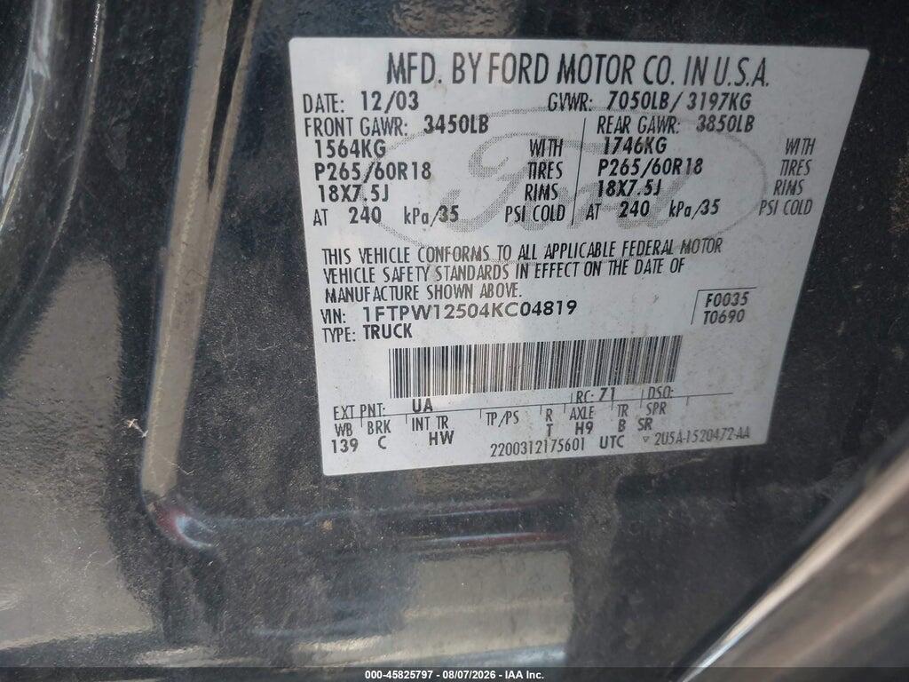 1FTPW12504KC04819 2004 FORD F-150 photo no. 9