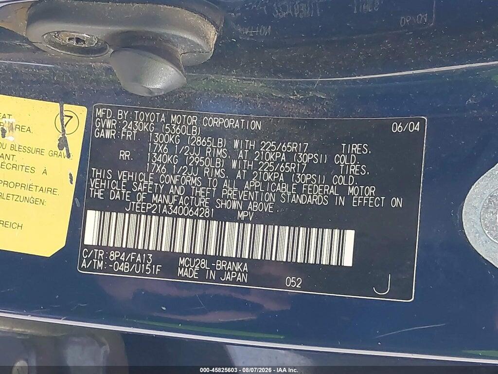 JTEEP21A340064281 2004 TOYOTA HIGHLANDER photo no. 9