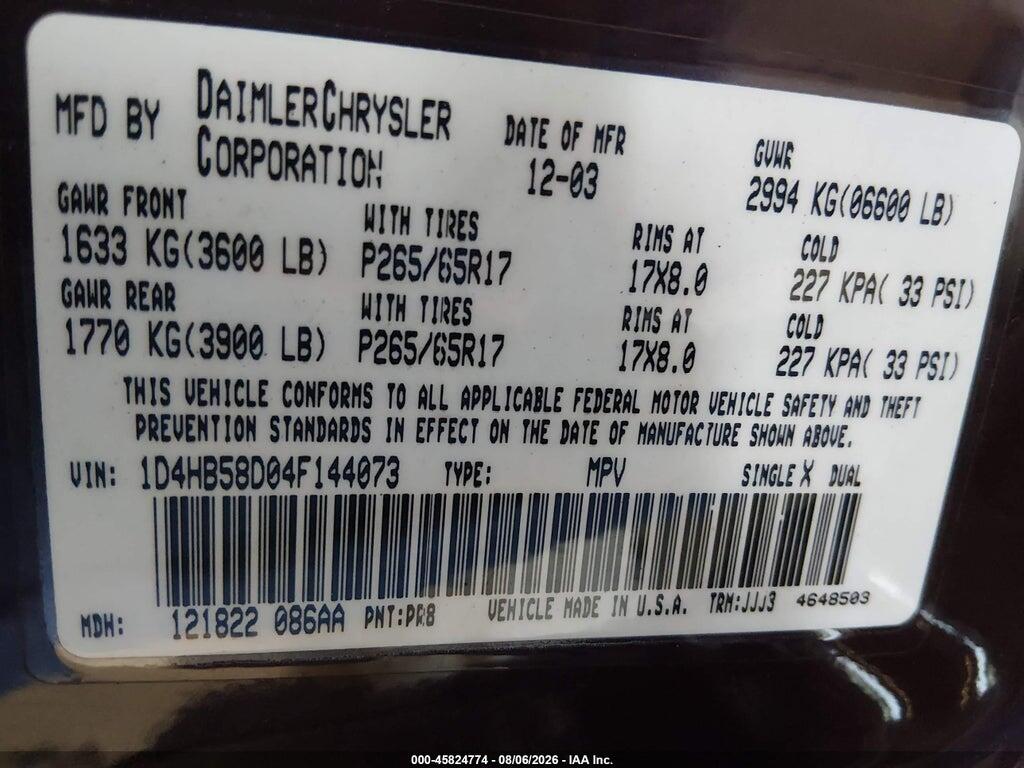 1D4HB58D04F144073 2004 DODGE DURANGO photo no. 9