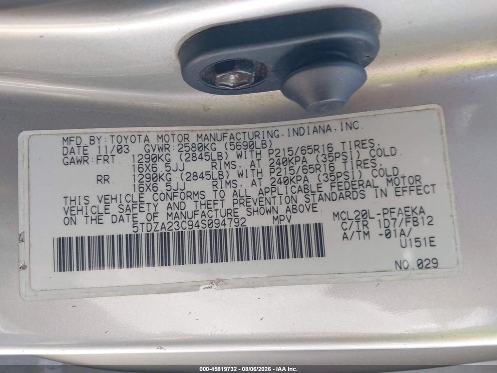 5TDZA23C94S094792 2004 TOYOTA SIENNA photo no. 9