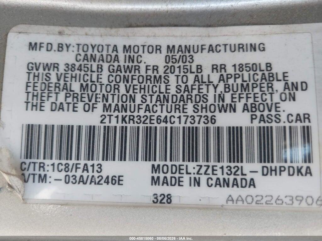 2T1KR32E64C173736 2004 TOYOTA MATRIX photo no. 9