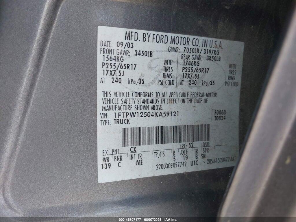 1FTPW12504KA59121 2004 FORD F-150 photo no. 9