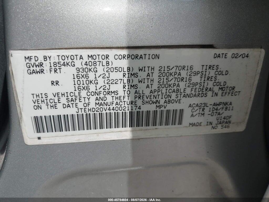 JTEHD20V440021174 2004 TOYOTA RAV4 photo no. 9