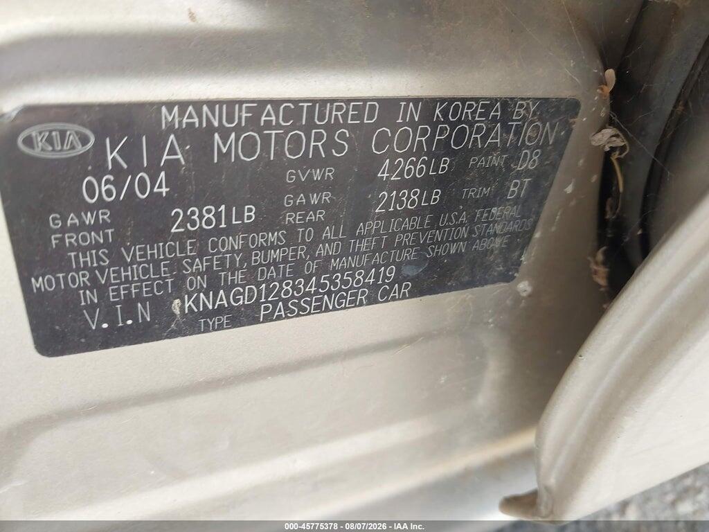 KNAGD128345358419 2004 KIA OPTIMA photo no. 9