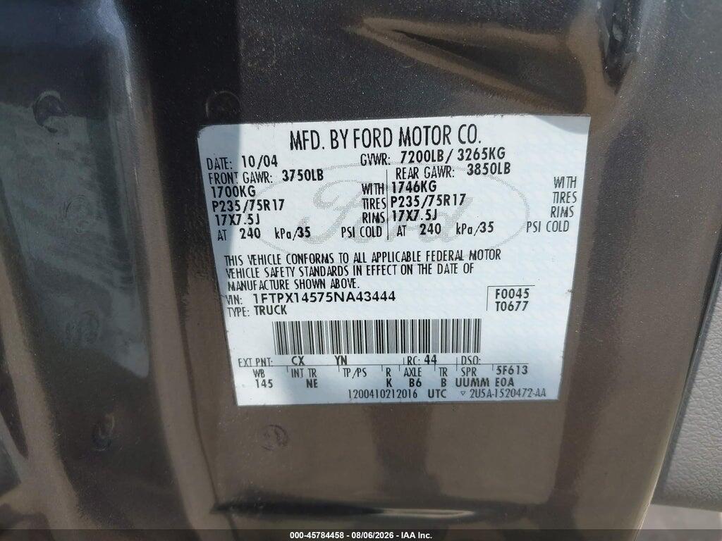 1FTPX14575NA43444 2005 FORD F-150 photo no. 9