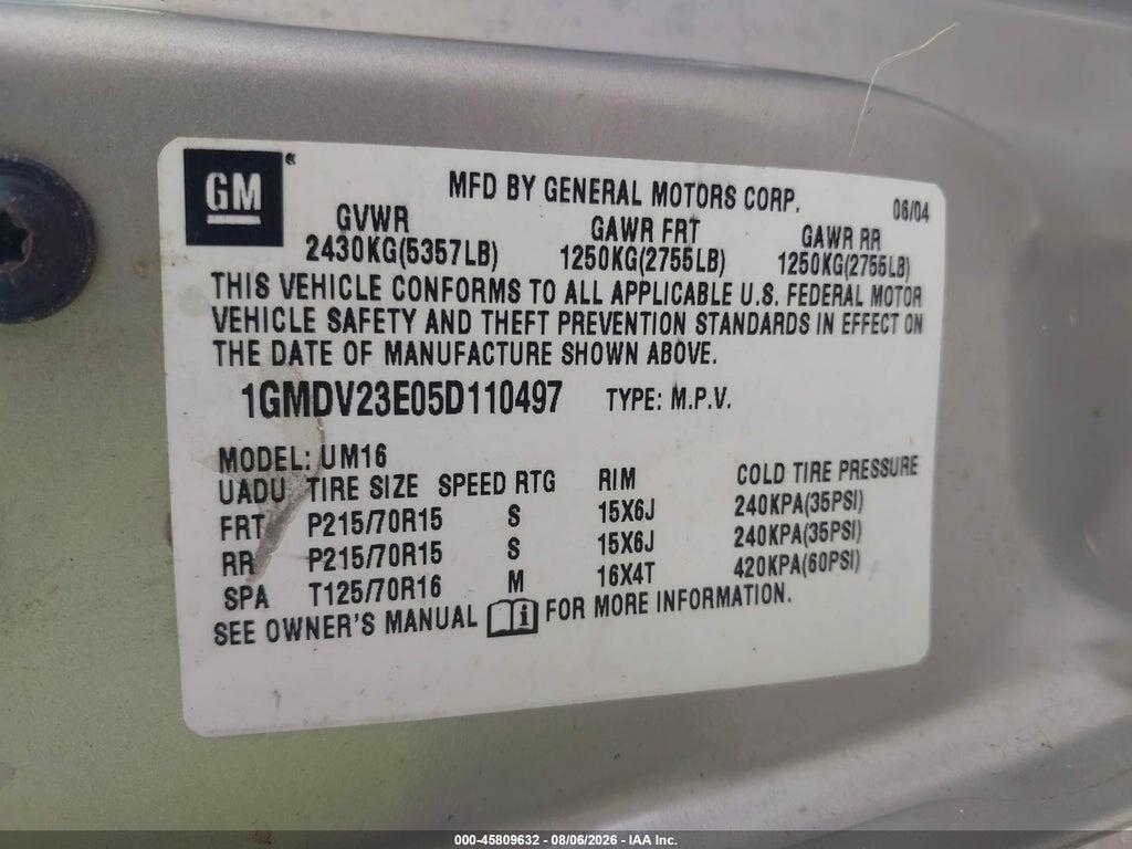 1GMDV23E05D110497 2005 PONTIAC MONTANA photo no. 9