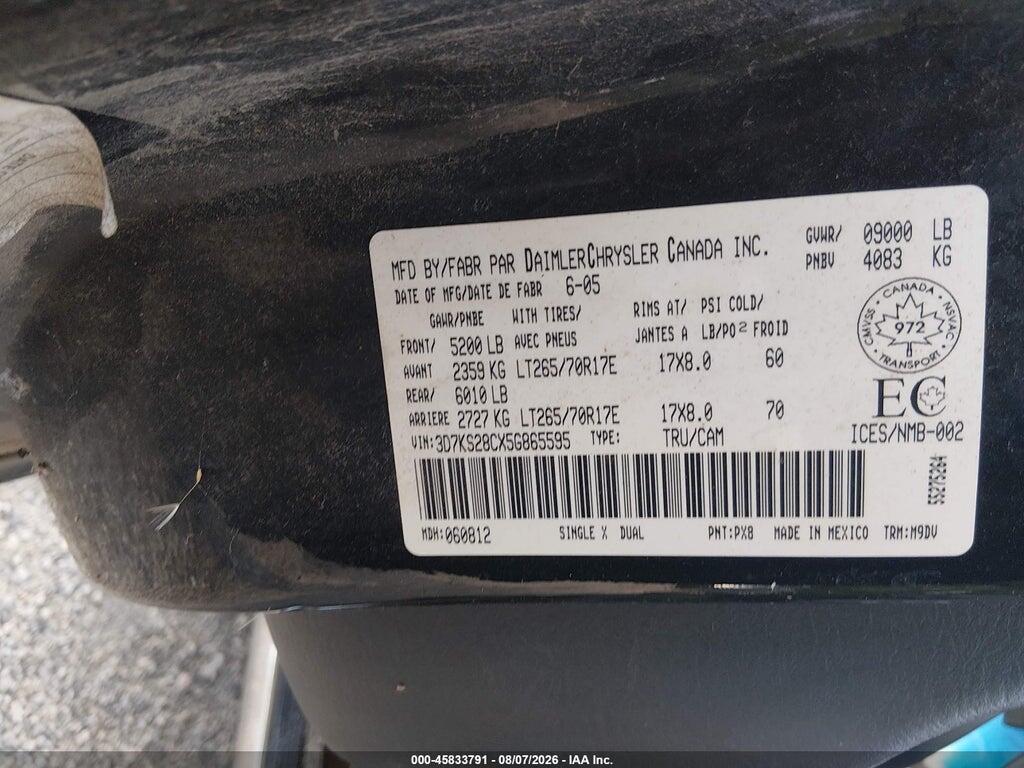 3D7KS28CX5G865595 2005 DODGE RAM 2500 photo no. 9