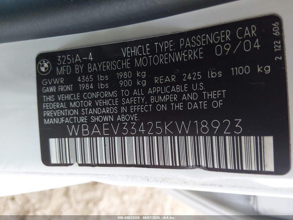 WBAEV33425KW18923 2005 BMW 325I photo no. 9
