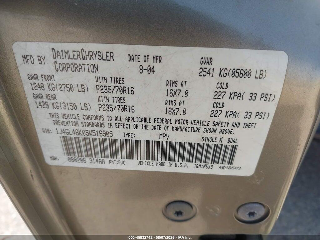 1J4GL48K05W516909 2005 JEEP LIBERTY photo no. 9