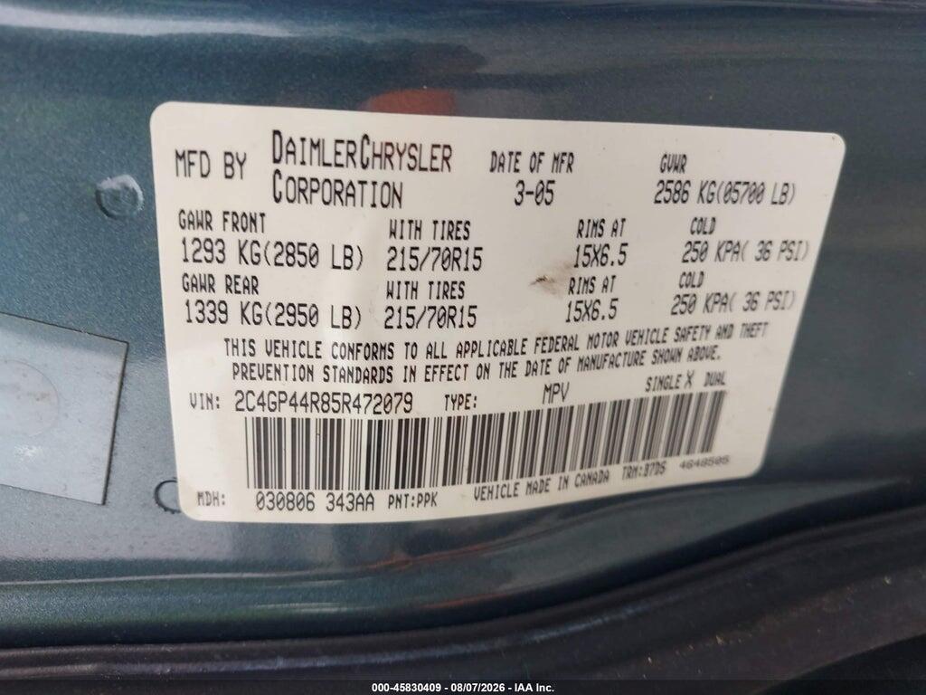 2C4GP44R85R472079 2005 CHRYSLER TOWN & COUNTRY photo no. 9
