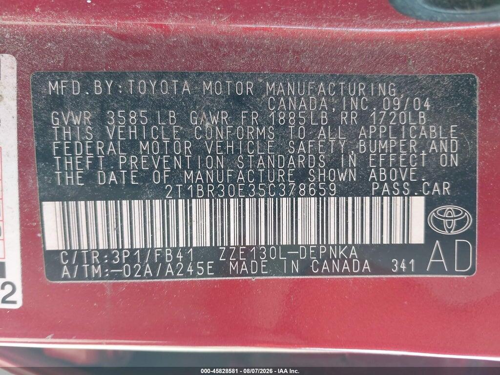 2T1BR30E35C378659 2005 TOYOTA COROLLA photo no. 9
