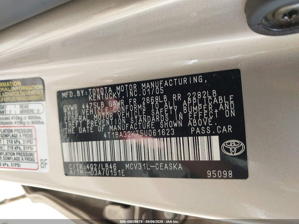 4T1BA32K75U061623 2005 TOYOTA CAMRY photo no. 9