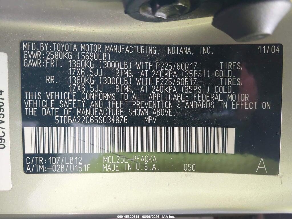 5TDBA22C65S034876 2005 TOYOTA SIENNA photo no. 9