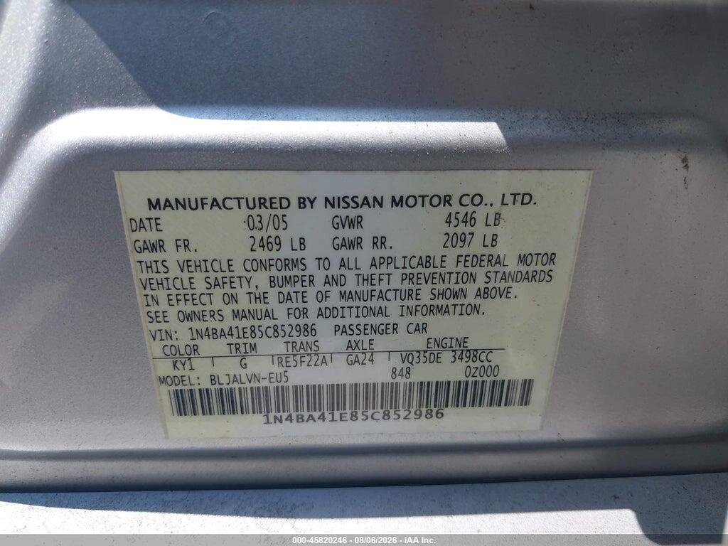 1N4BA41E85C852986 2005 NISSAN MAXIMA photo no. 9