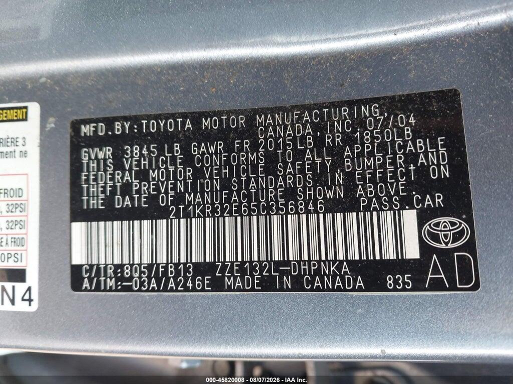 2T1KR32E65C356846 2005 TOYOTA MATRIX photo no. 9