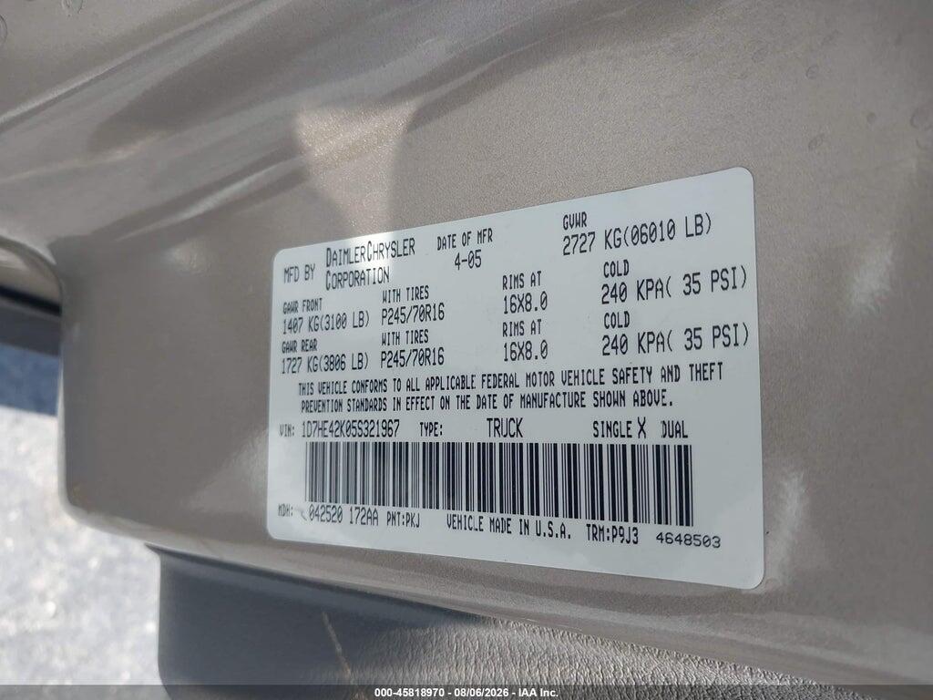 1D7HE42K05S321967 2005 DODGE DAKOTA photo no. 9
