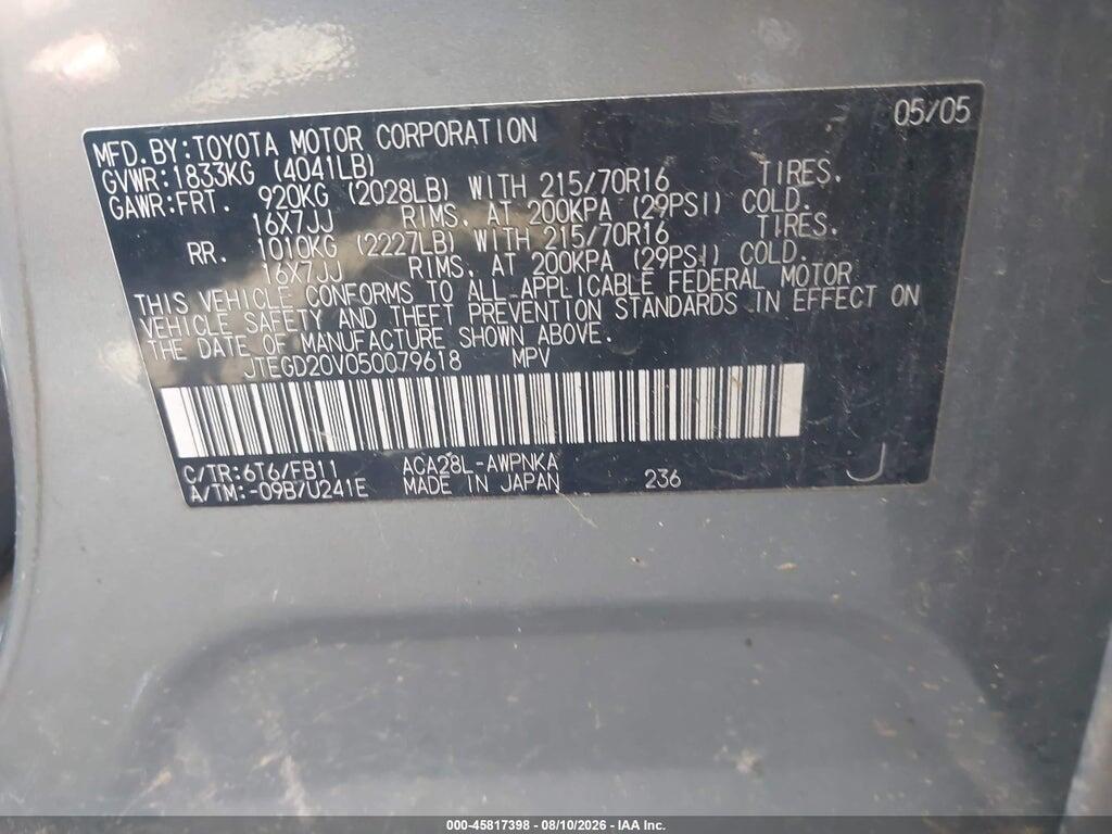 JTEGD20V050079618 2005 TOYOTA RAV4 photo no. 9